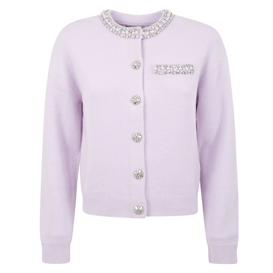 Self-Portrait Embellished Round Neck Cardigan With Crystal Accents