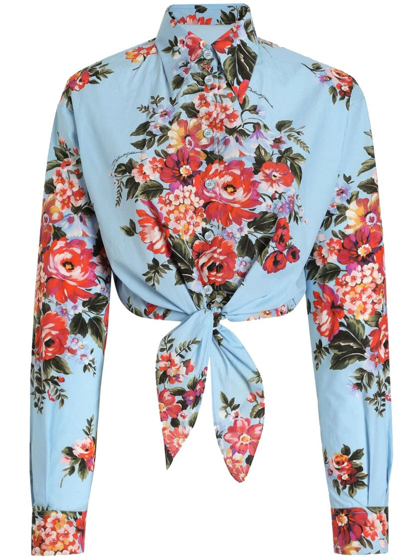 Dolce & Gabbana Cropped Light Blue Floral Cotton Shirt