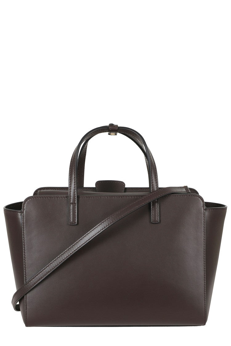 Hidesins Dark Brown Structured Flap M Gold Logo Leather Shoulder Bag