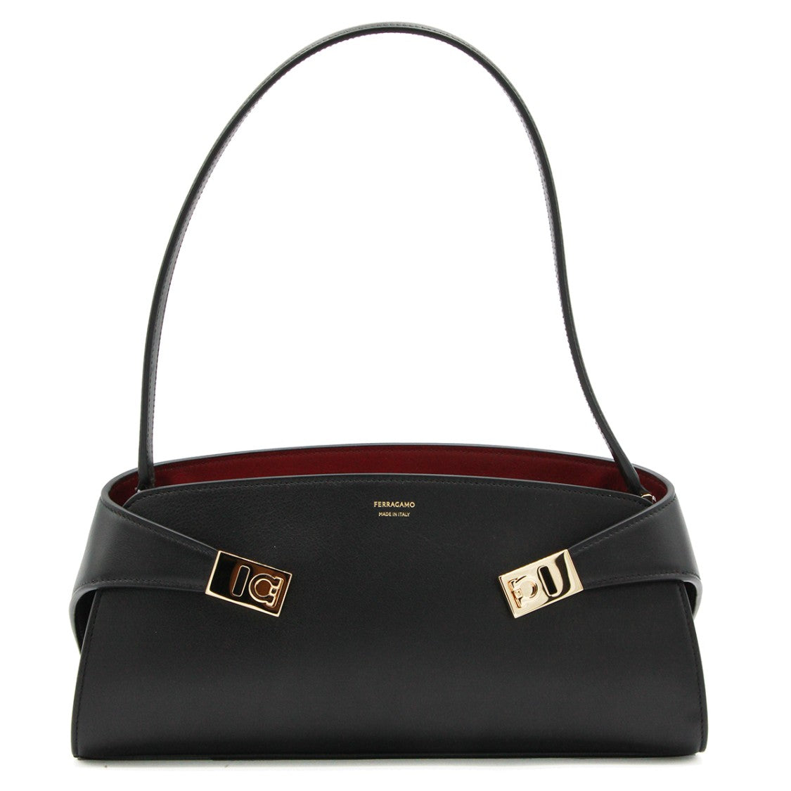 Ferragamo Structured Black Leather East West Shoulder Bag