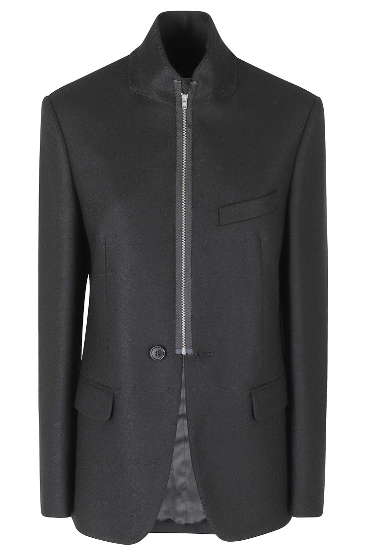 Mm6 By Maison Margiela Black Structured Shoulders Zip Wool-Blend Blazer