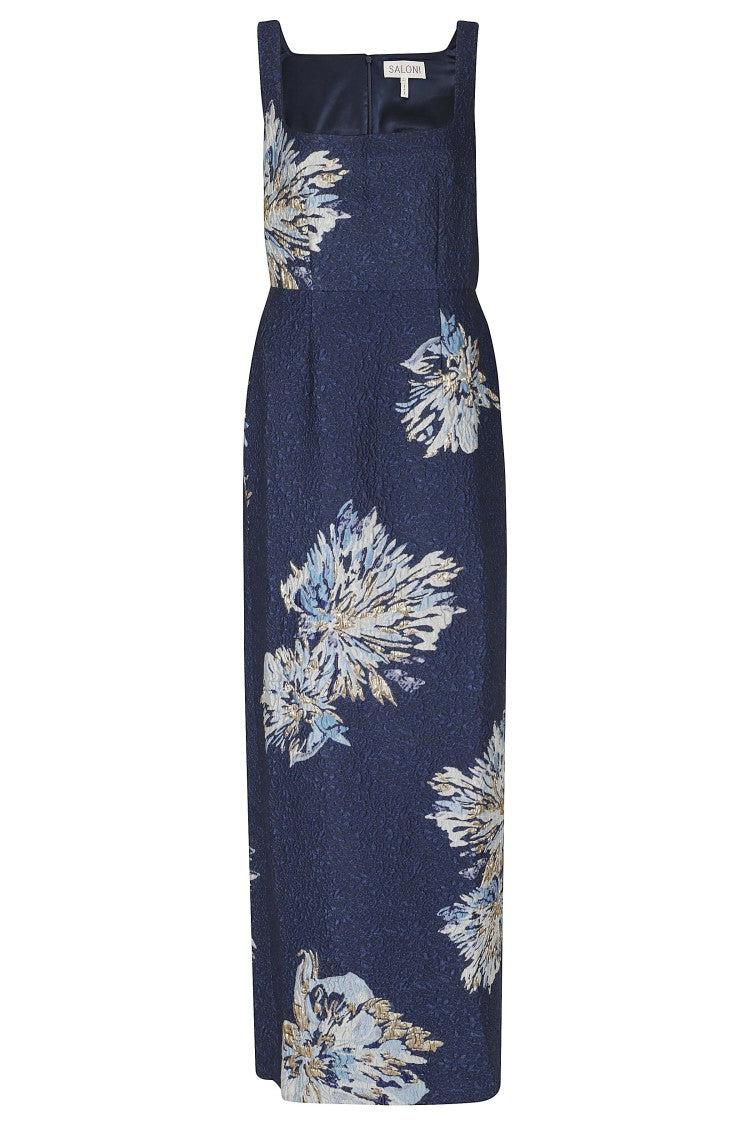 Saloni Blue Bora Metallic Jacquard Square-Neck Maxi Dress