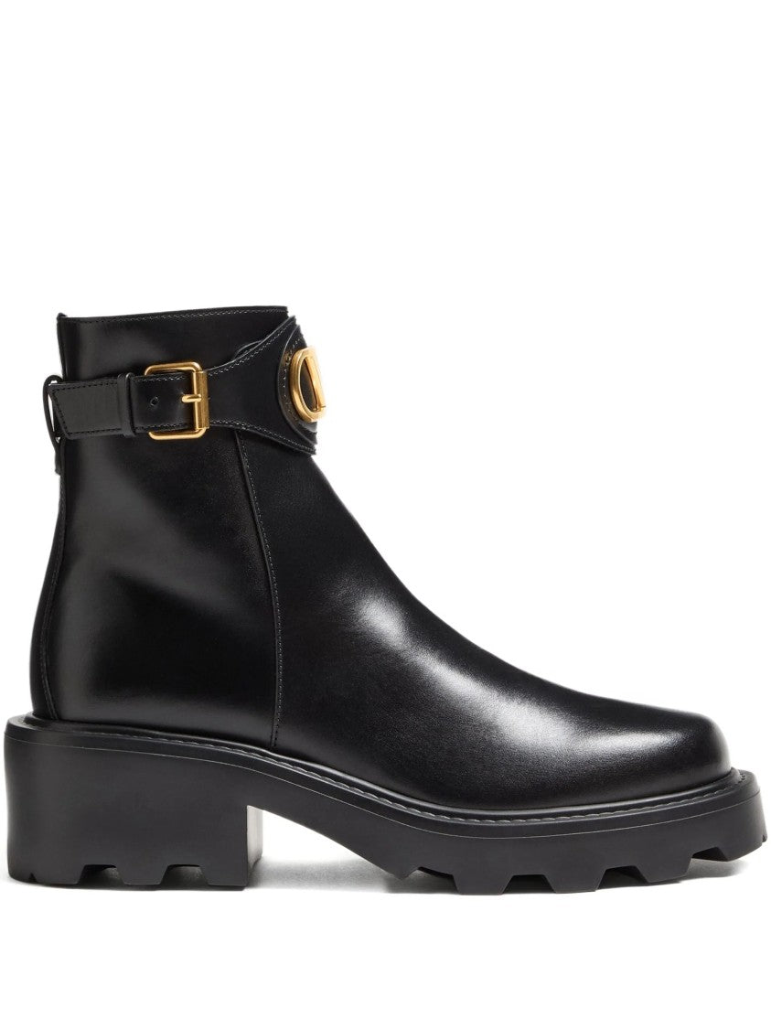 Valentino Black Leather Ankle Boots With Gold-Tone Logo And Chunky Sole