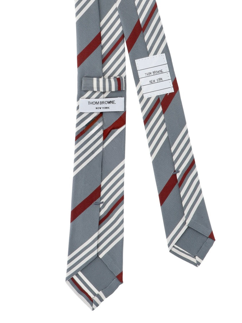Thom Browne Diagonal Striped Grey And Deep Red Slim Necktie