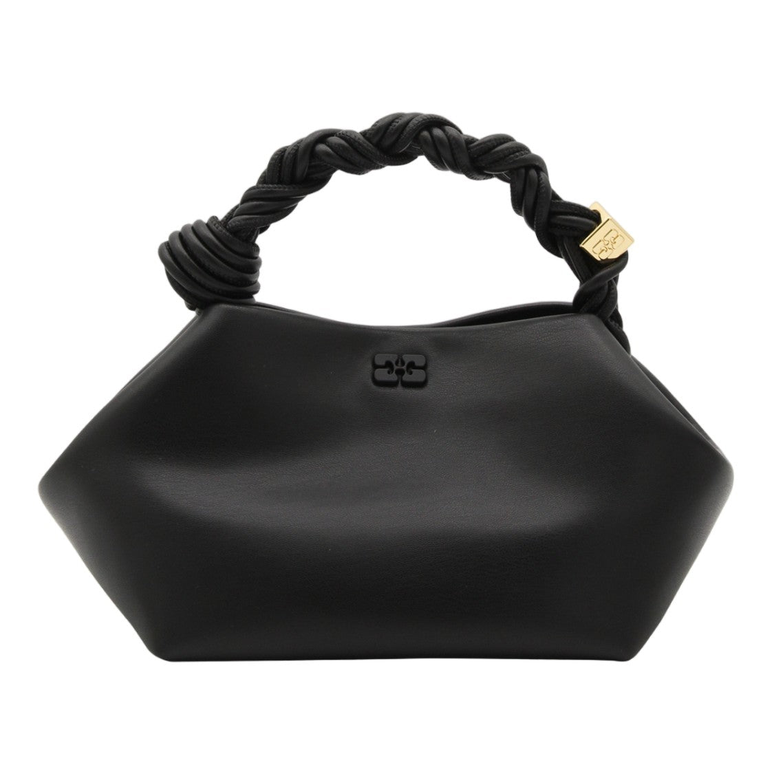 Ganni Geometric Black Bag With Twisted Handle And Gold Accents