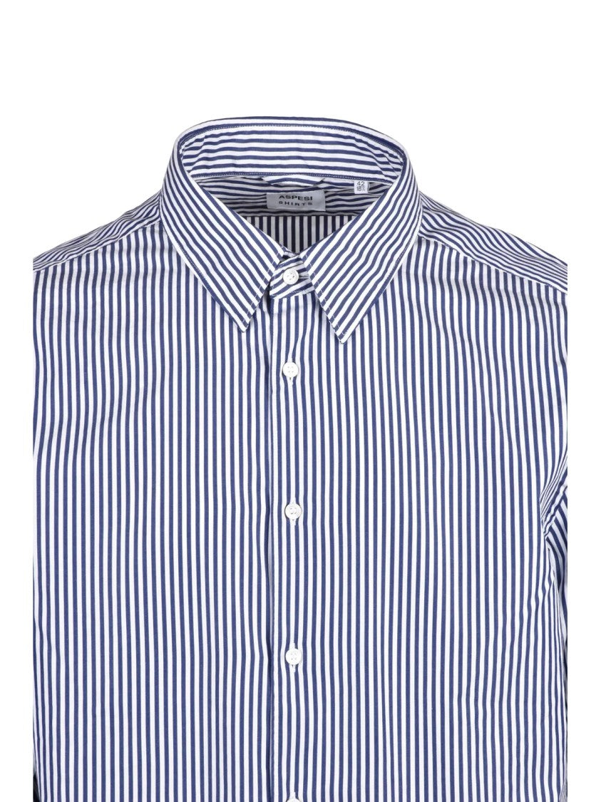 Aspesi White/Blue Striped Button-Up Cotton Shirt