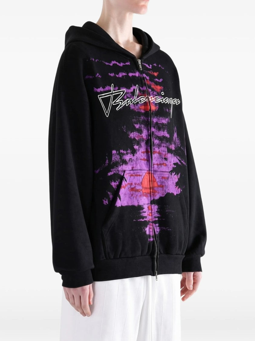 Balenciaga Graphic Print Zip-Up Hoodie With Relaxed Fit