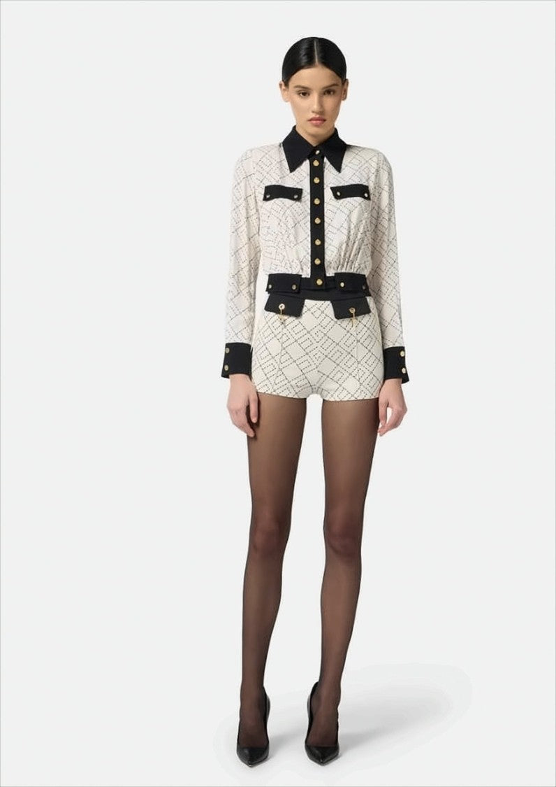 Elisabetta Franchi Two-Tone Cropped Georgette Shirt With Applique Detailing
