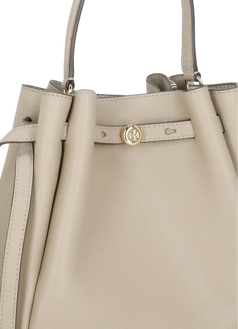 Tory Burch Beige Gold Logo Leather Bucket Bag