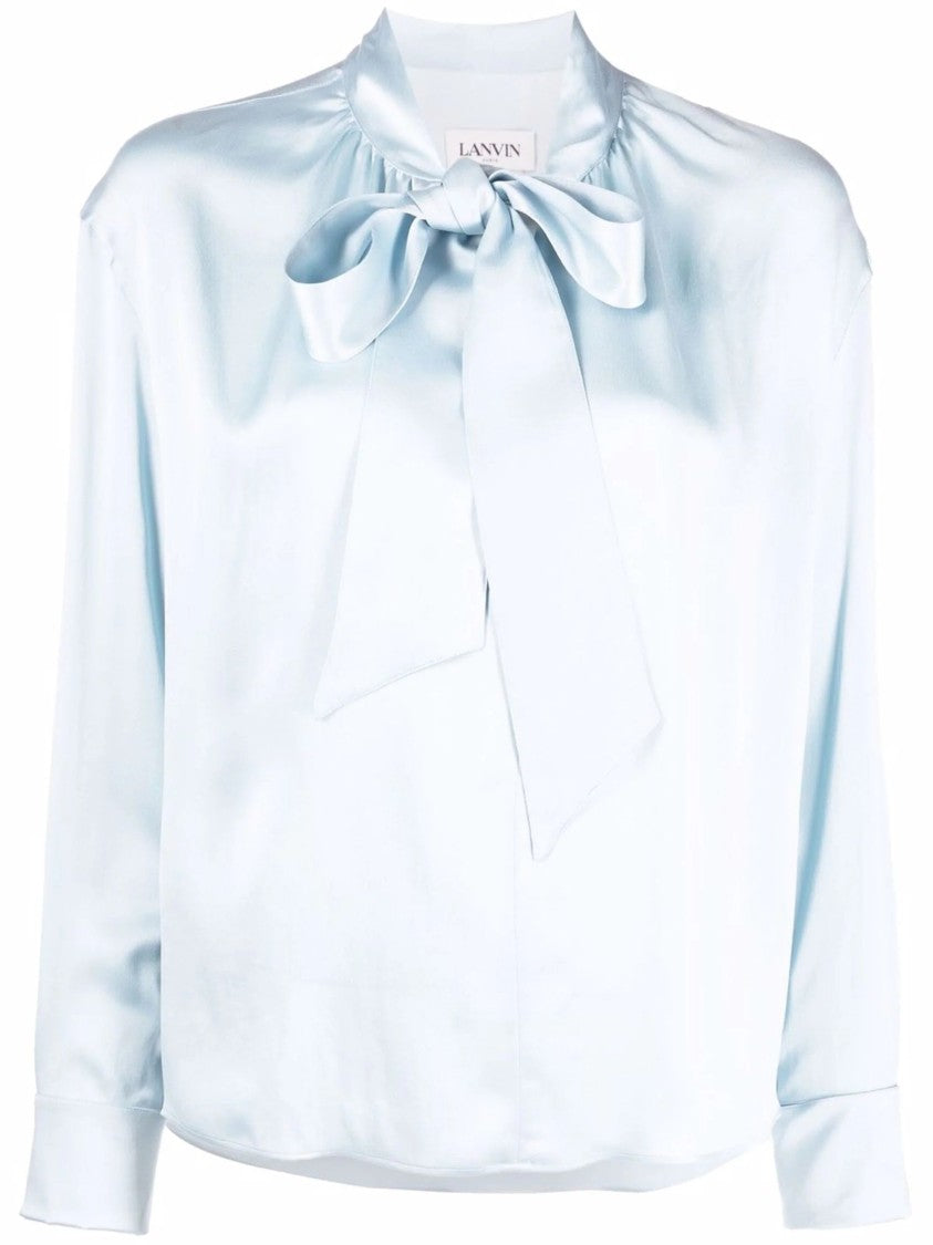 Lanvin Blue Ribbon-Fastened Long-Sleeve Silk Shirt