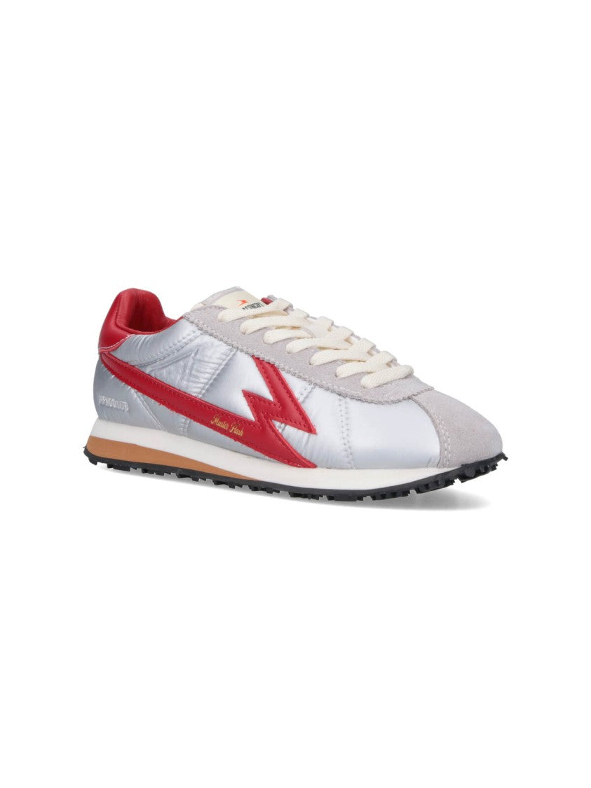 Master Of Arts Shiny Silver Sneakers With Bold Red Lightning Detailing