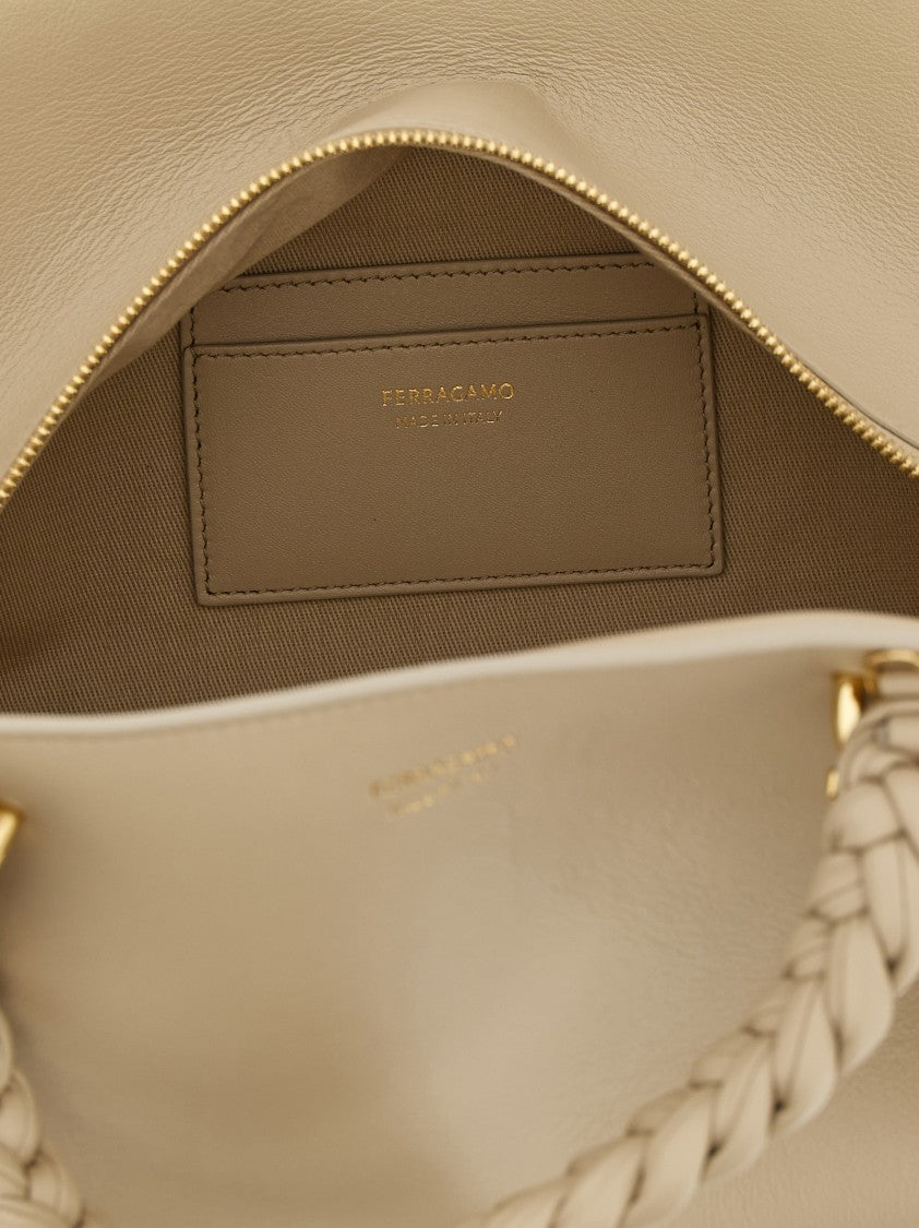 Ferragamo Medium Calf Leather Shoulder Bag With Braided Handles And Zip Closure