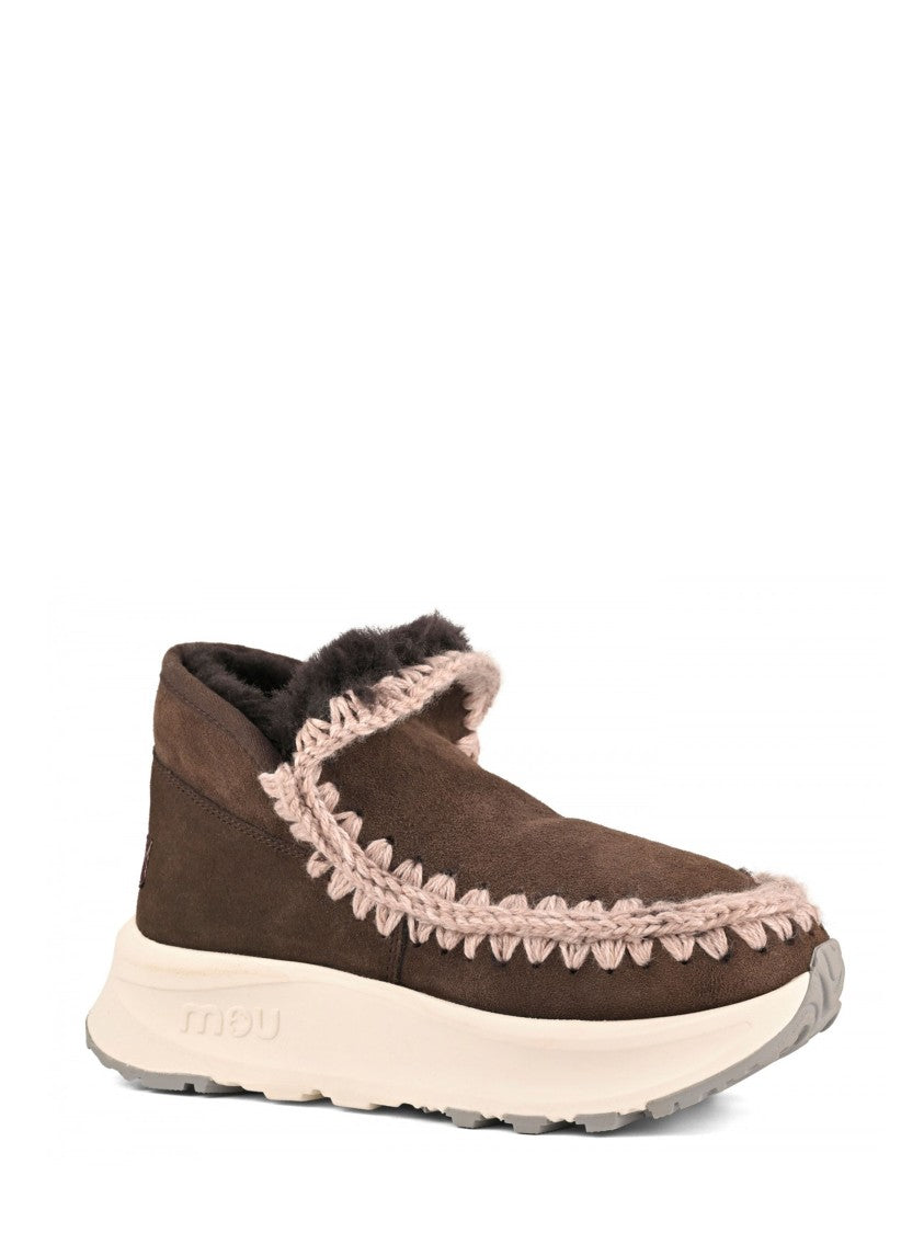 Mou Brown Whipstitch Sheepskin-Lined Suede Sneakers