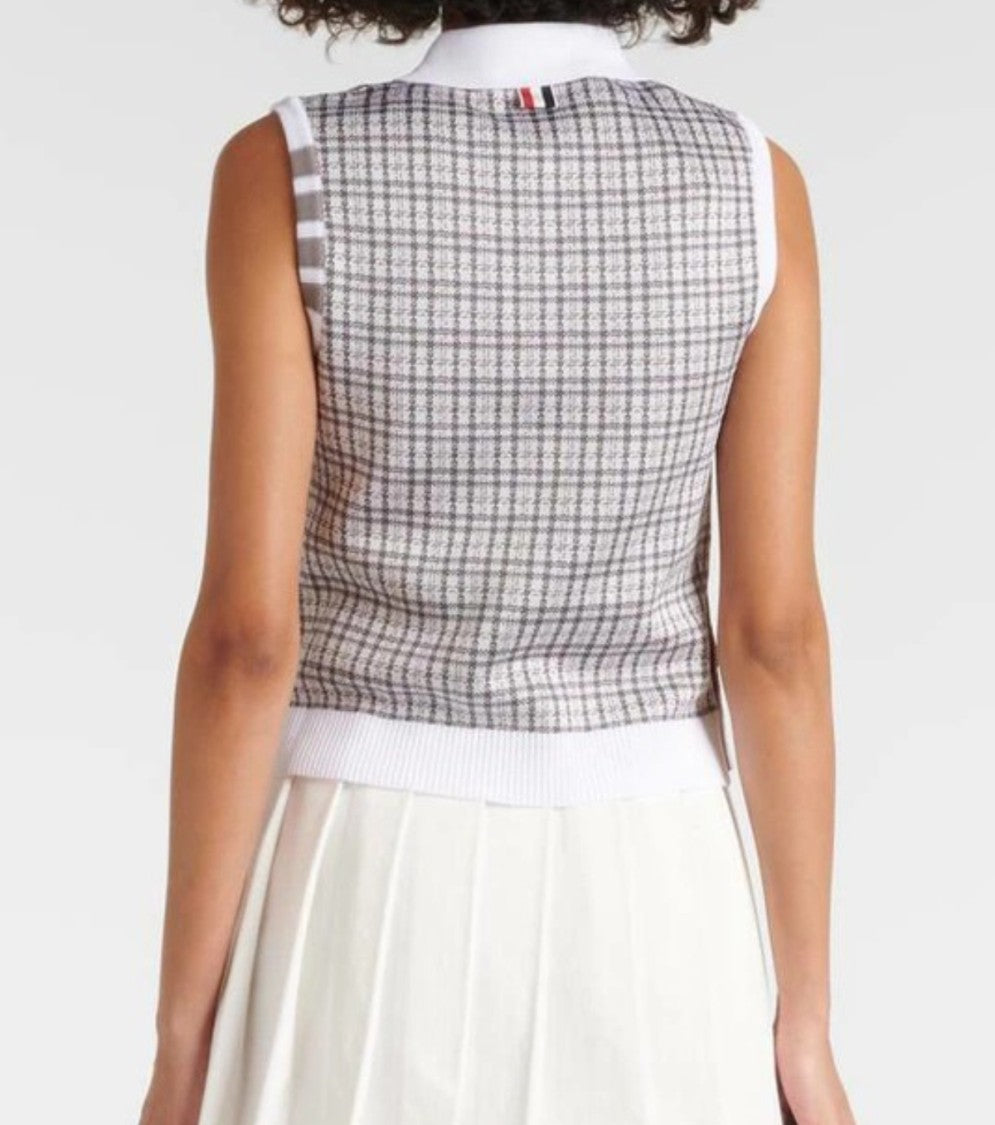 Thom Browne Checkered Knit Sleeveless Top With Pointed Collar