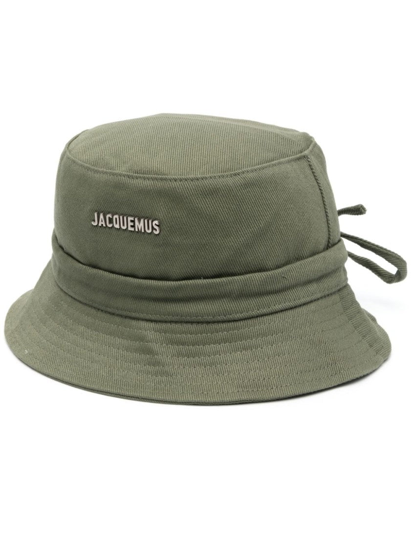Jacquemus Dropped Brim Khaki Bucket Hat With Bow And Logo