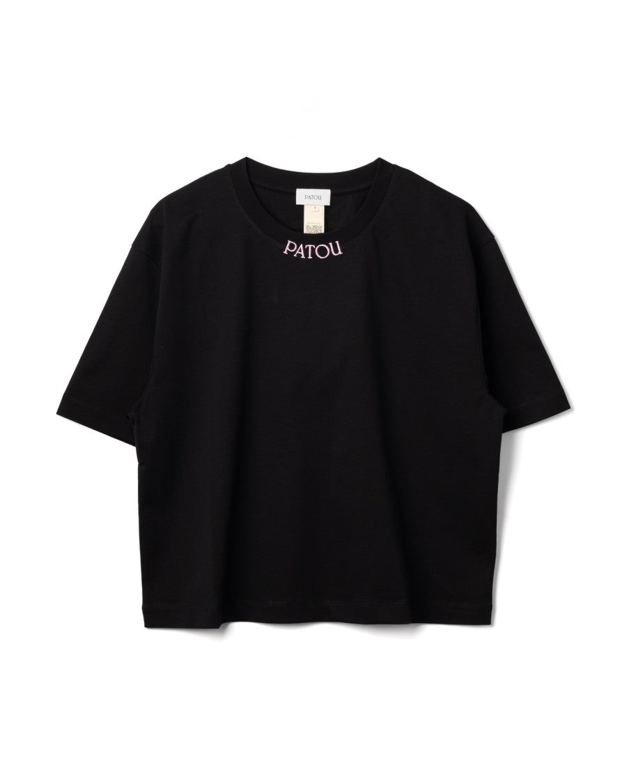 Patou Cropped T-Shirt With Embroidered Collar In Deep Black
