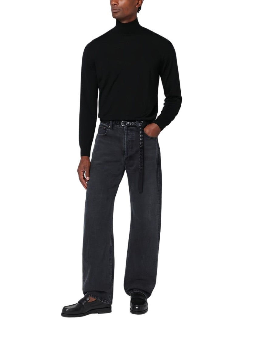 Drumohr Black Fitted Ribbed Turtleneck Sweater