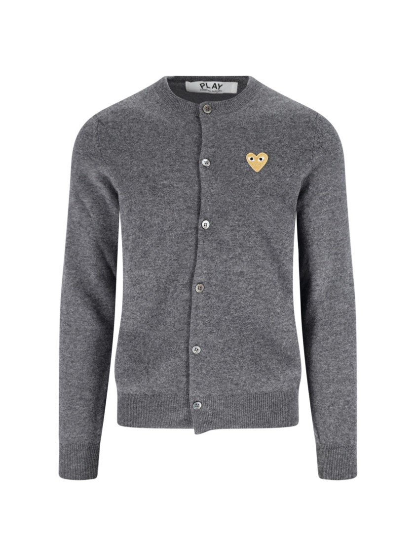 Comme Des Garçons Contrasting Embroidered Heart Cardigan In Soft Gray Wool