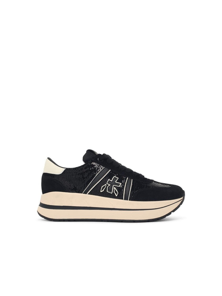 Premiata Grey Fabric Blend Sneakers With Sequin Texture And Suede Accents