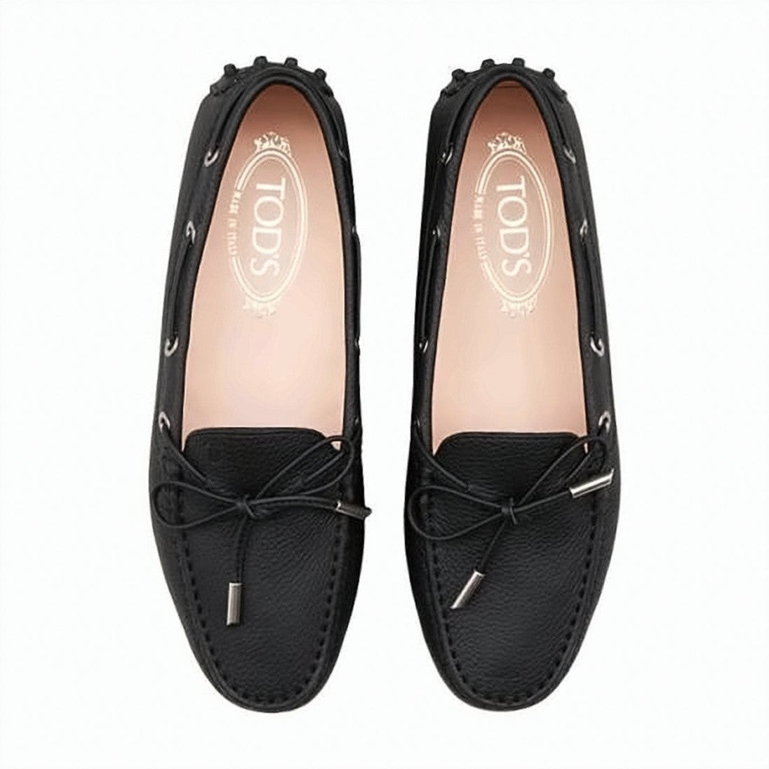 Tod's Pebbled Leather Loafers With Decorative Bow And Studded Outsole