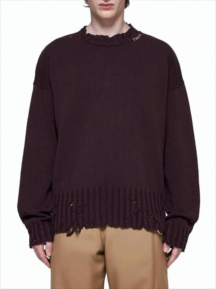 Marni Distressed Cotton Knit Sweater With Embroidered Logo