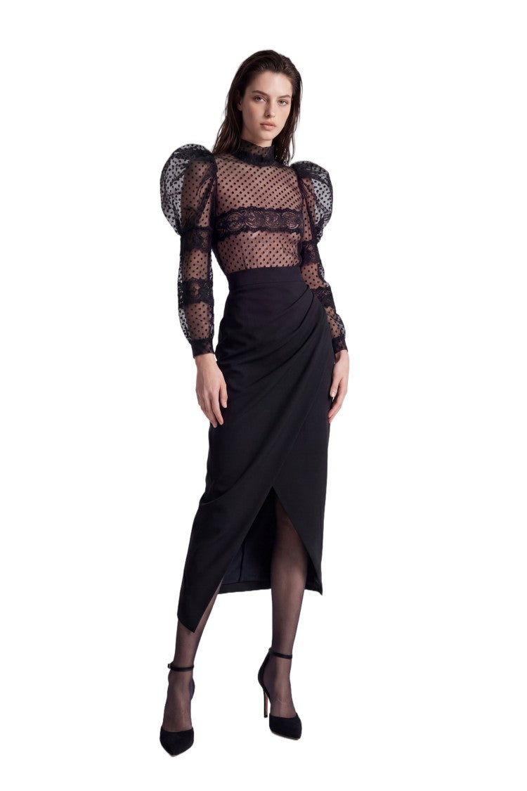 Saiid Kobeisy Polka Dot Tulle Blouse With Floral Lace Detailing