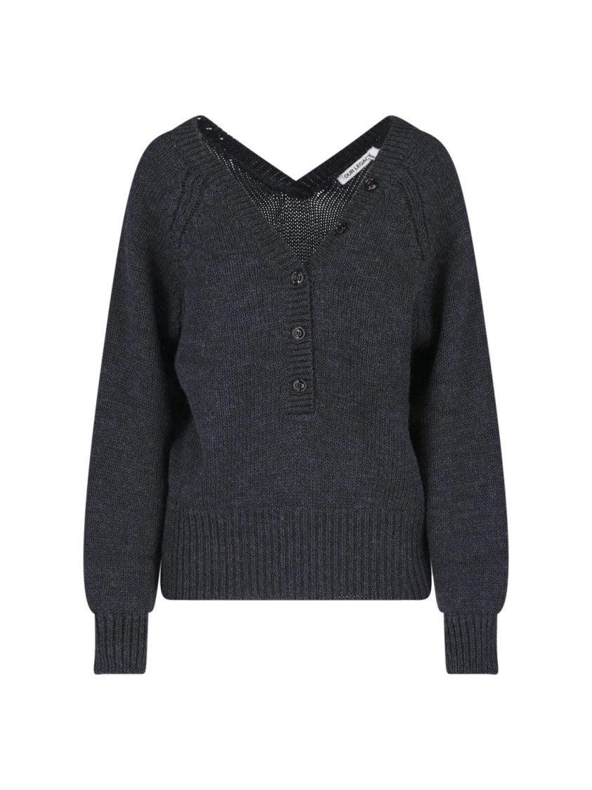 Our Legacy Grey Country Henley Deep V-Neck Merino Wool Sweater