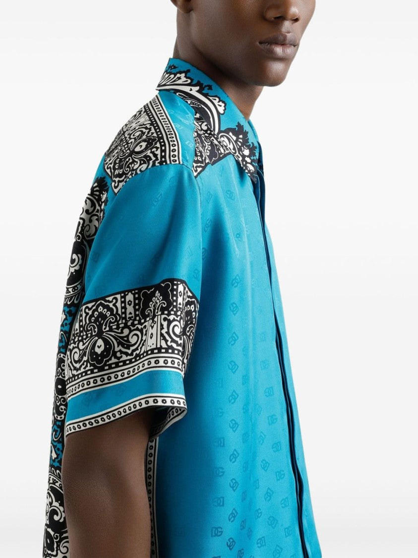 Dolce & Gabbana Cyan Blue Shirt With Monogram Print And Classic Collar