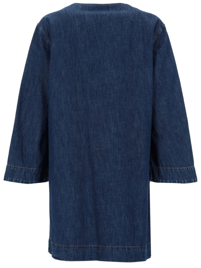 Valentino Straight-Fit Chambray Denim Dress With V-Notch And Patch Pockets