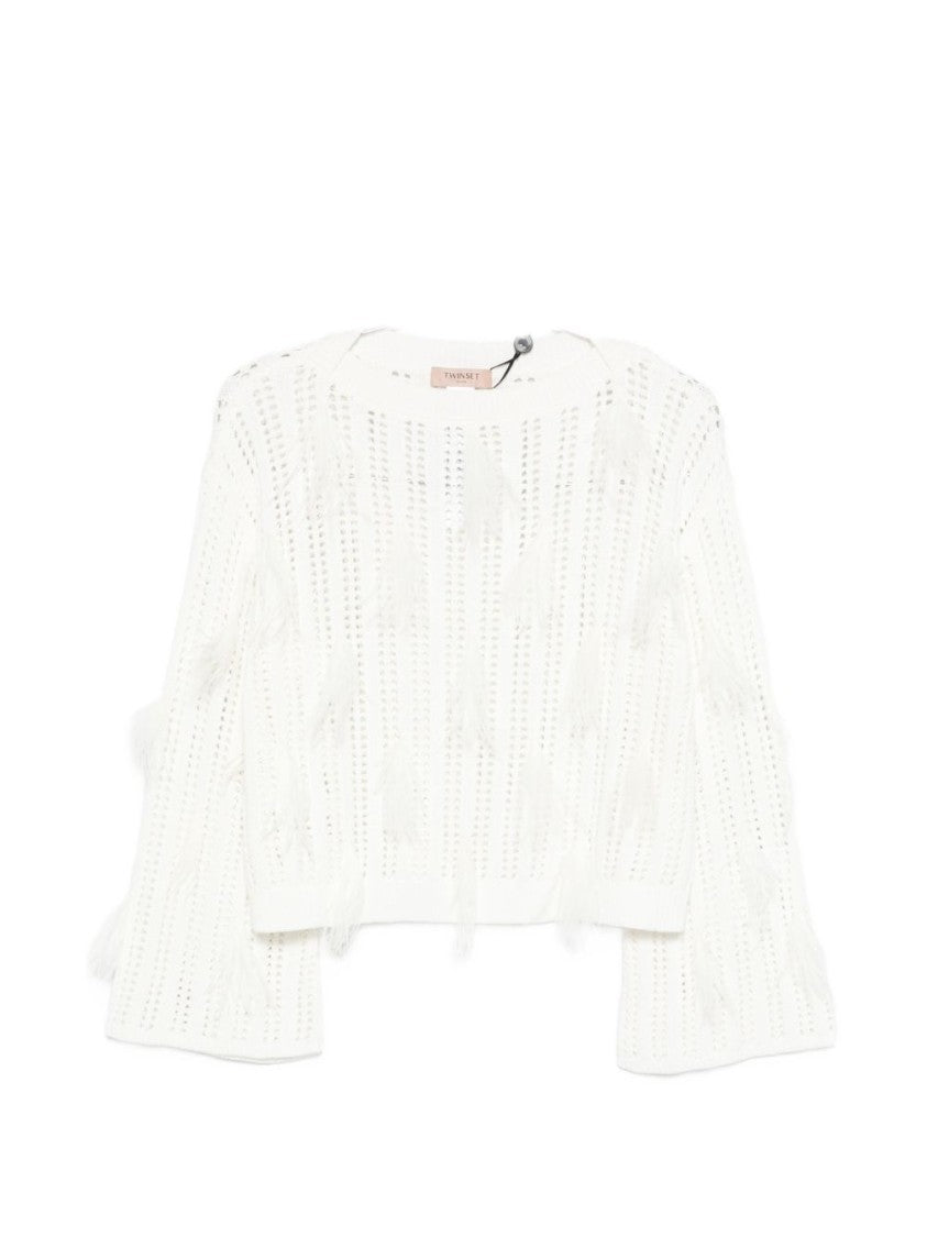 Twin-Set Textured Knit Sweater With Feather-Like Embellishments