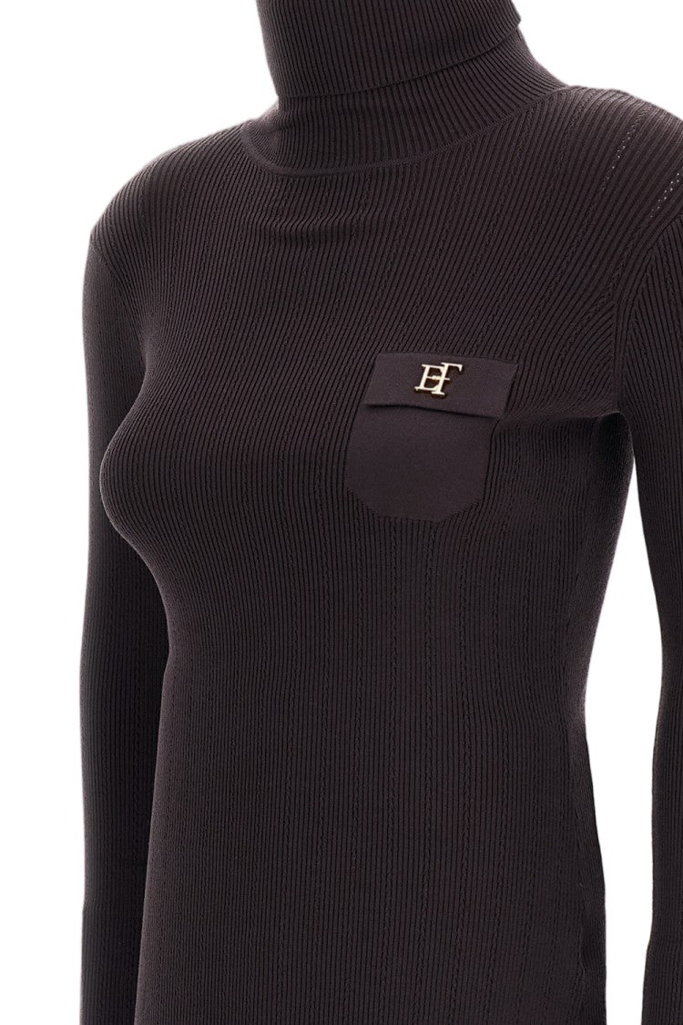 Elisabetta Franchi Brown Stretch Ribbed Turtleneck Top