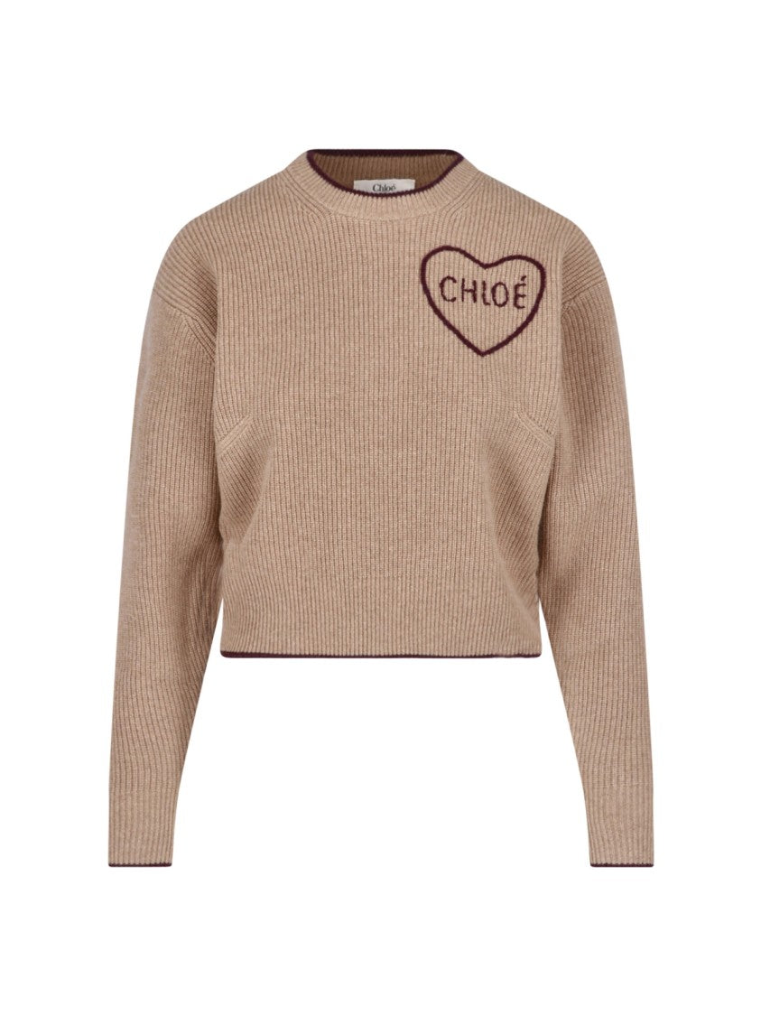 Chloé Cropped Wool And Cashmere Knit Sweater With Intarsia Logo