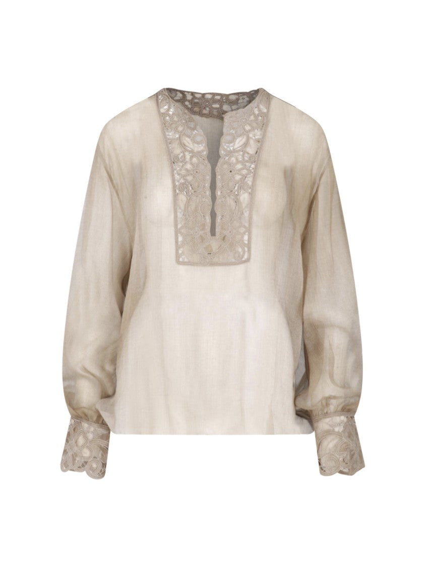 Ermanno Scervino Beige Deep V-Neck Floral Lace Blouse