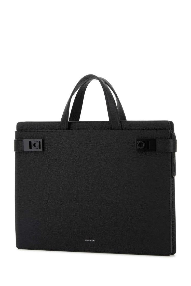 Salvatore Ferragamo Black Leather Twins Briefcase