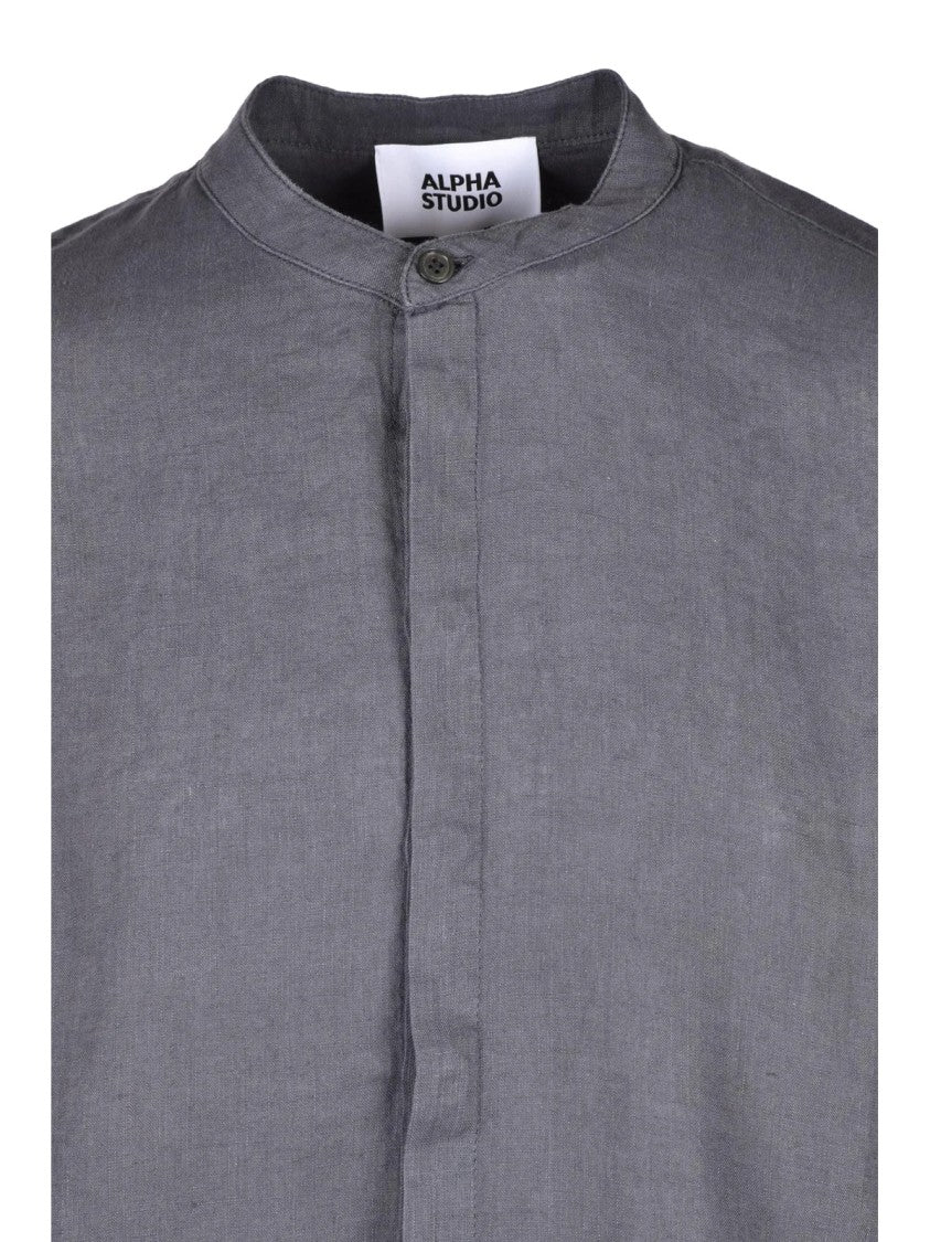 Alpha Studio Grey Linen Mandarin Collar Shirt