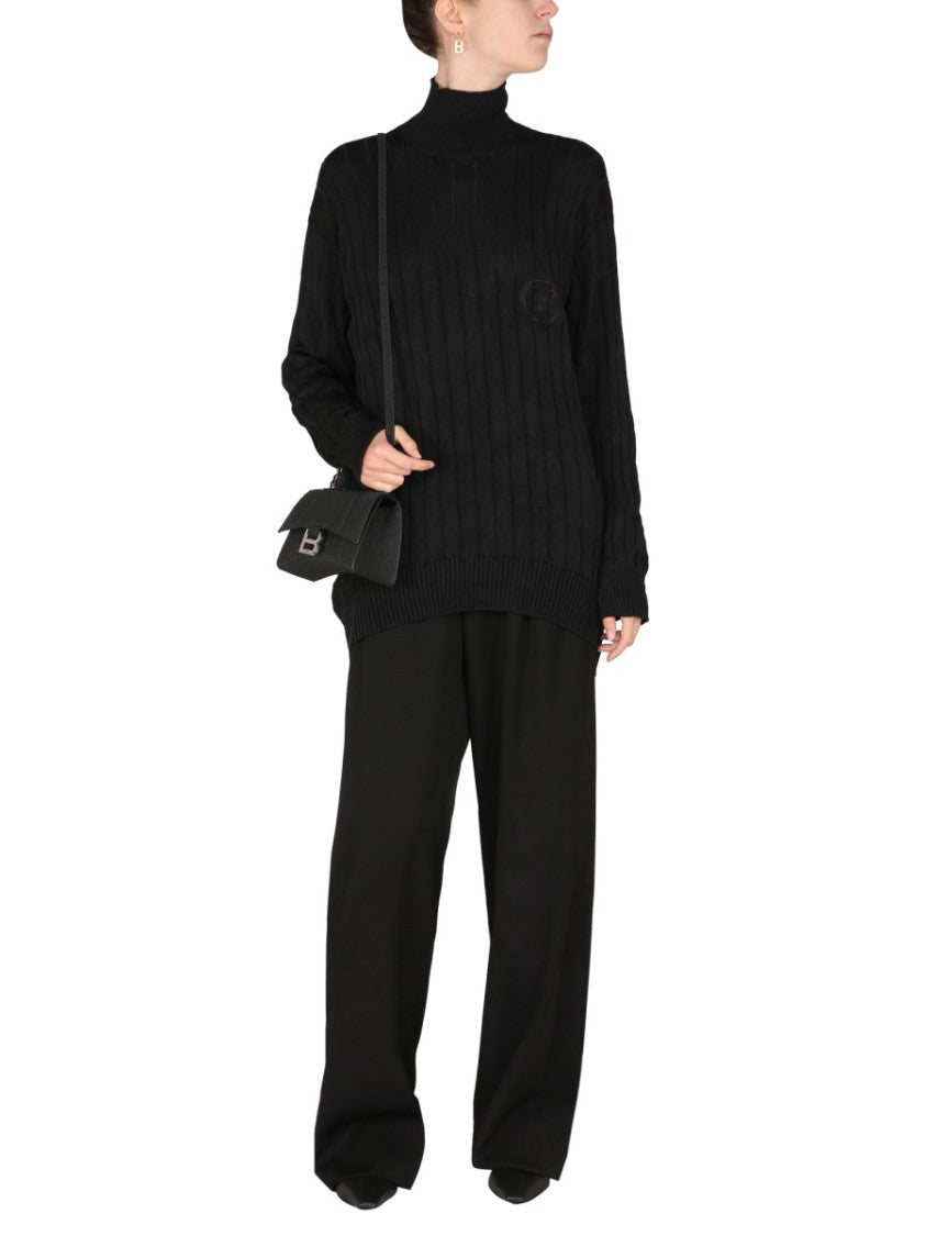 Balenciaga Ribbed Silk Knit Oversized Turtleneck Pullover