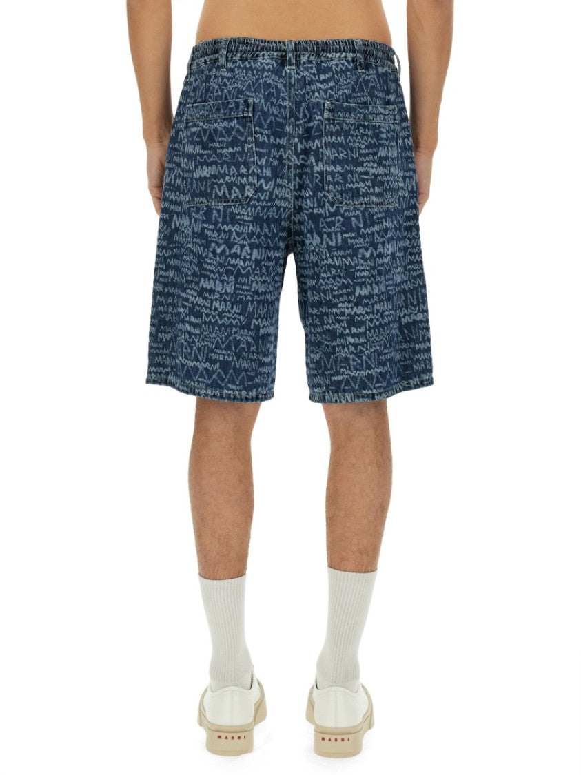 Marni Denim Shorts With Abstract Pattern