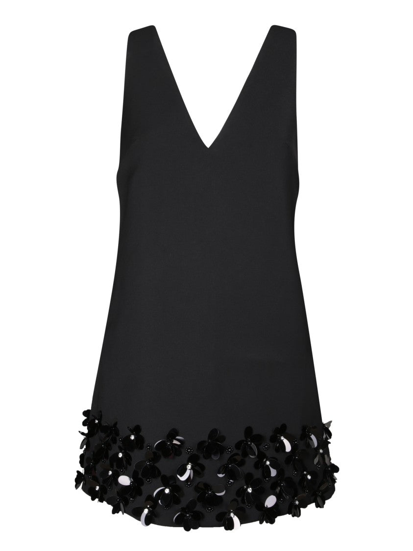 Self-Portrait Black Crepe Dress With 3D Sequin Hem And V-Neckline