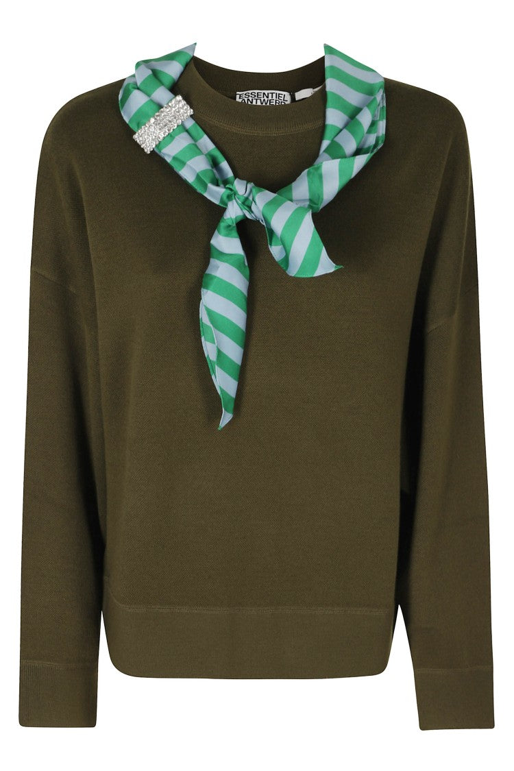 Essentiel Antwerp Khaki Mission Scarf Detail Wool-Blend Pullover Sweater