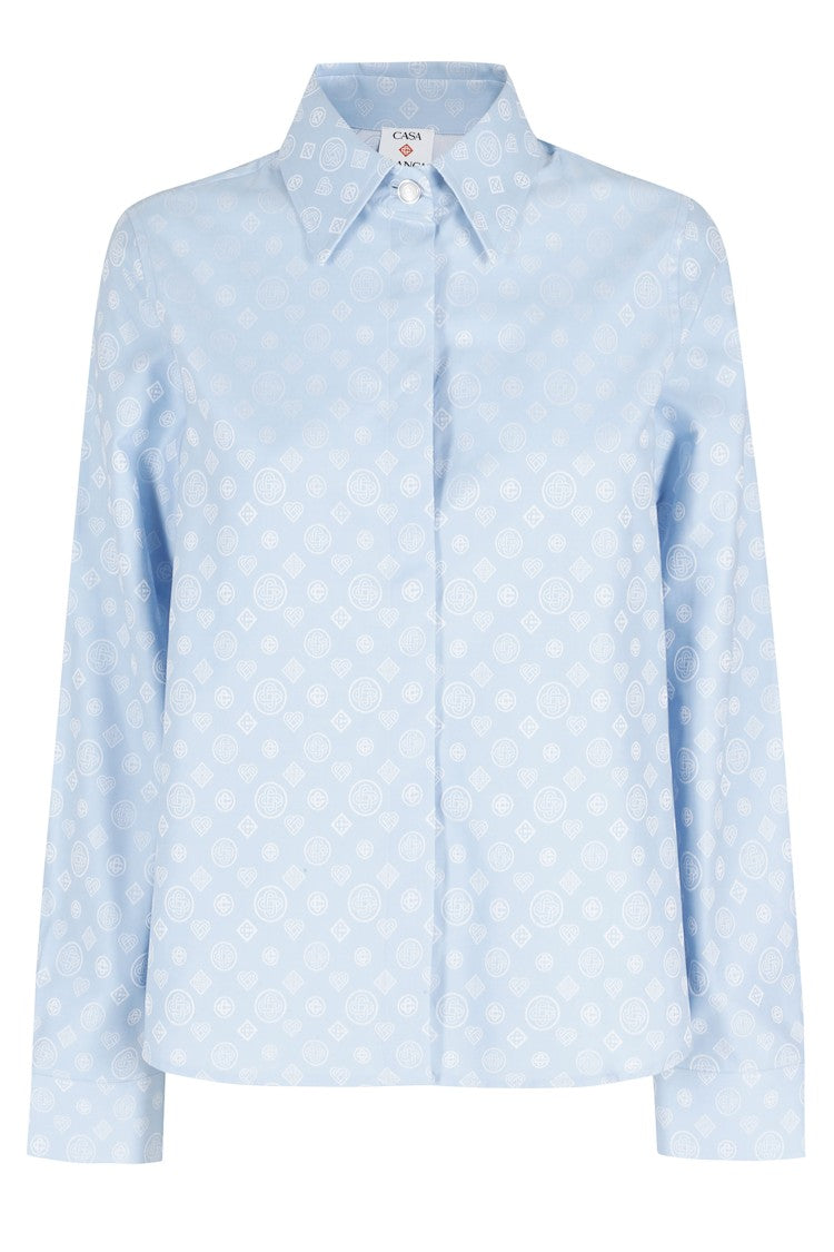 Casablanca Heavenly Blue Monogram All-Over Jewel-Button Cotton Shirt