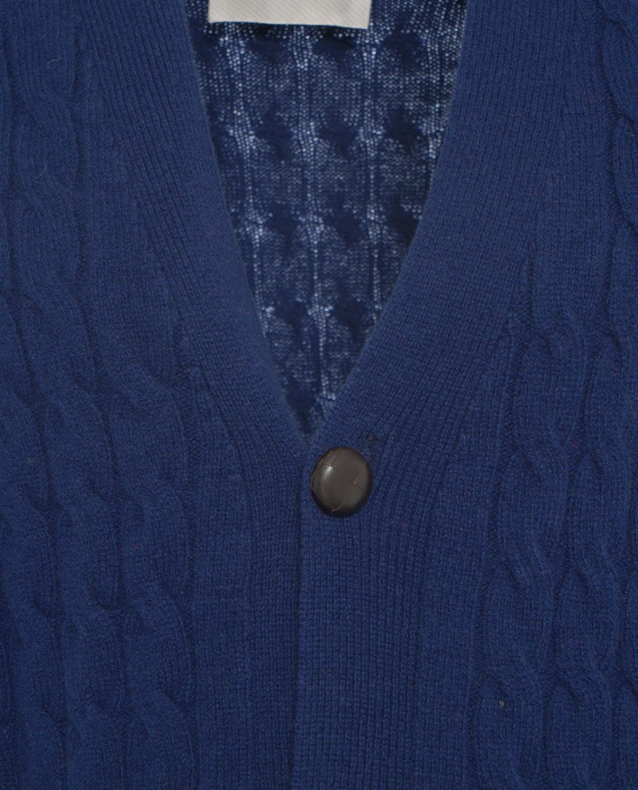 Amaranto Classic Blue Cable Knit Cardigan With V-Neck And Button Closure