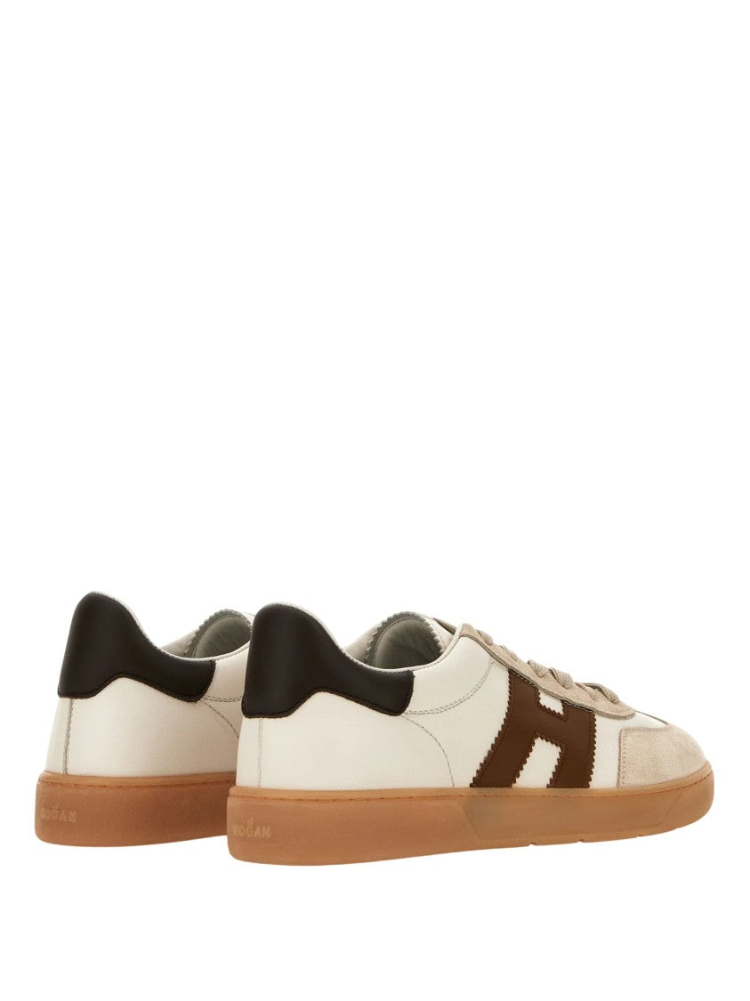 Hogan Light Beige Leather Sneakers With Appliqué Logo