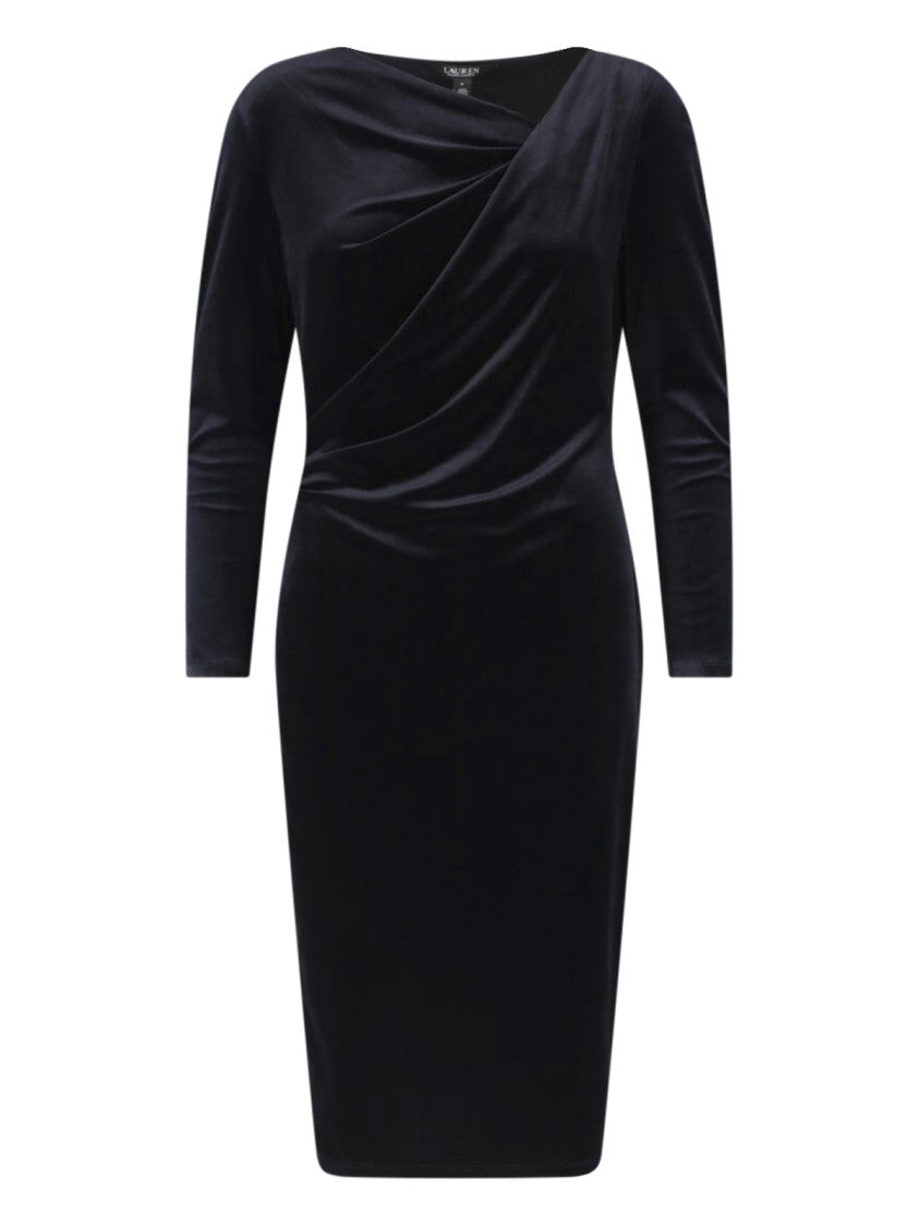 Polo Ralph Lauren Black Ruched Long-Sleeve Velvet Midi Dress