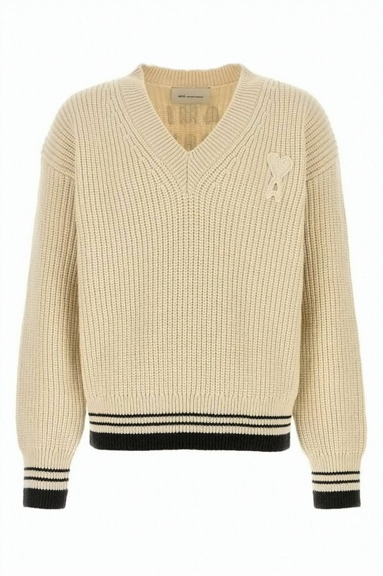 Ami Paris V-Neck Ribbed Knit Sweater With Contrast Cuffs