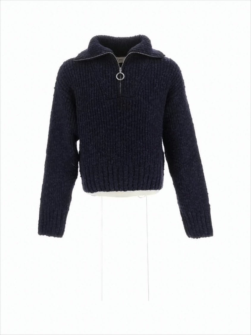 Ami Paris Half-Zip Knit Pullover With Ribbed Texture