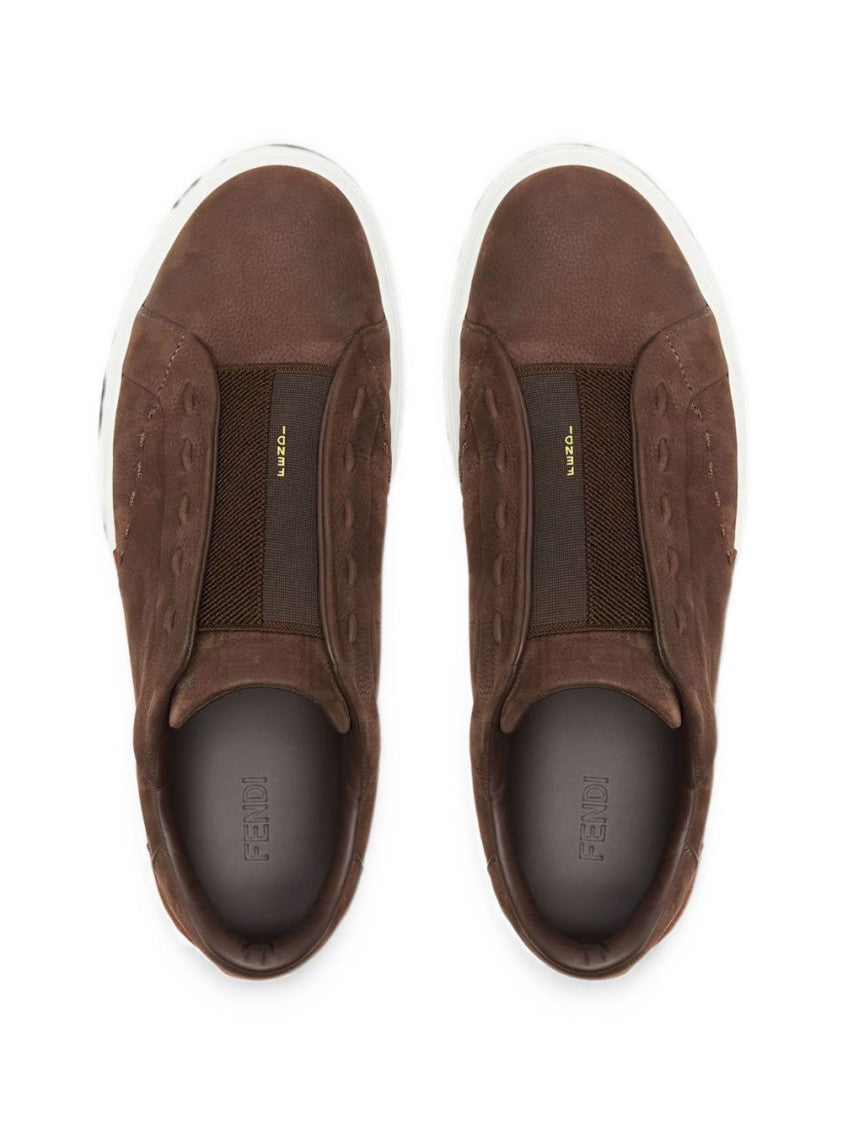 Fendi Dark Brown Slip-On Leather Contrasting Sole Sneakers