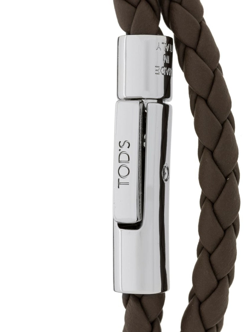 Tod's Braided Brown Bracelet With Engraved Logo Clasp
