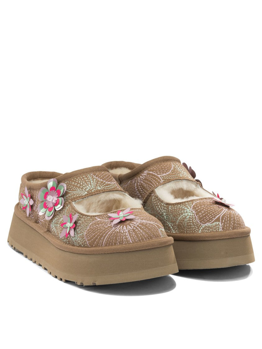 Ugg Floral-Embellished Brown Suede Ballerinas