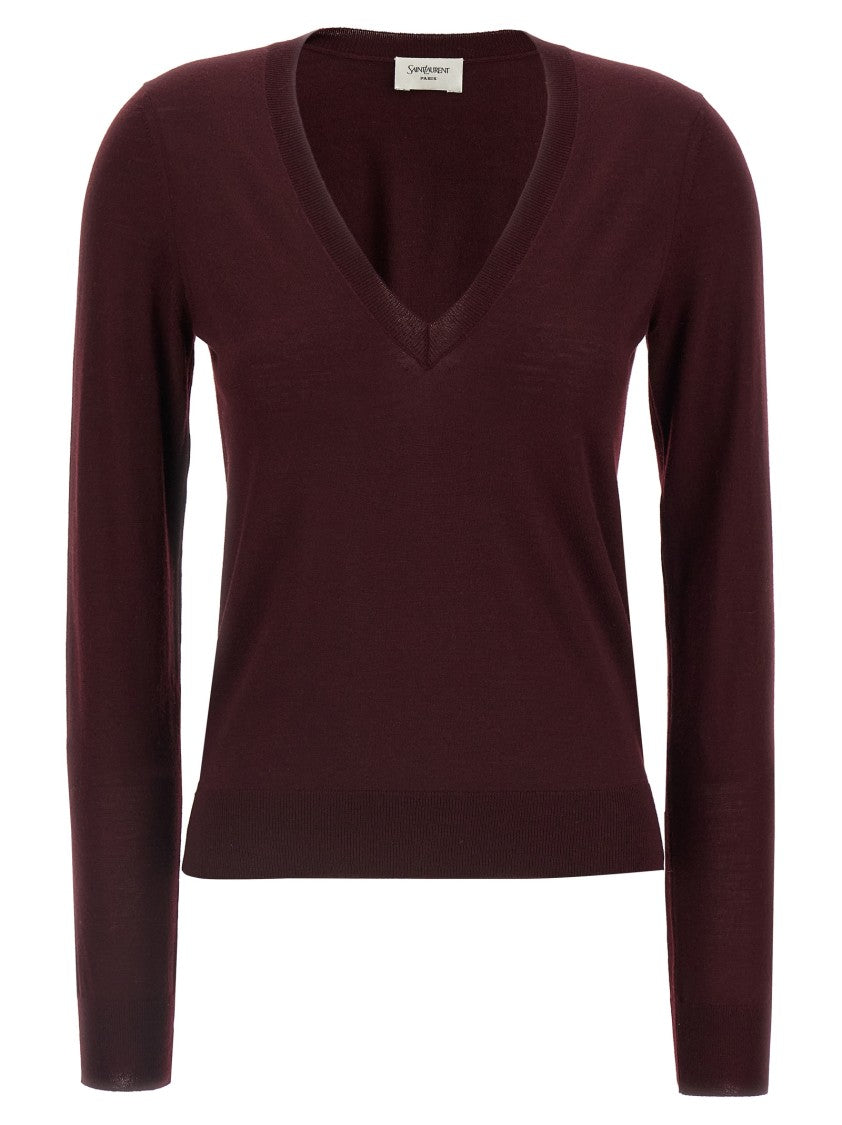 Saint Laurent Deep V-Neck Virgin Wool Sweater With Ribbed Cuffs