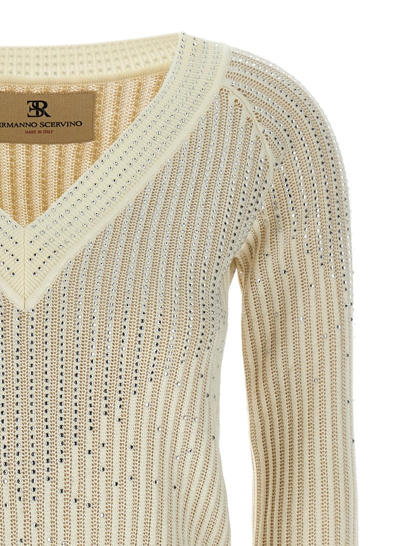 Ermanno Scervino Rhinestone-Embellished Cotton Sweater With V-Neck And 3/4 Sleeves